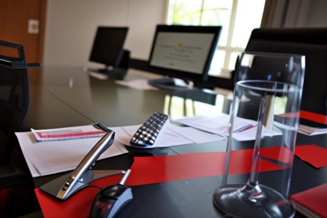 A professional crisis management setting in a communication office. The room is elegantly designed with neutral colors in shades of grey ,white and yellow , creating a serious and somber atmosphere. The crisis management team, dressed in business attire, are crowded around a large table exchanging ideas. 
 Behind them, a large monitor shows live news feeds, while smaller monitors are strategically placed around the room. The room is dimly lit, with strategically placed focused lights on the table and the team. The lighting conveys a sense of urgency without being overwhelming or jarring.