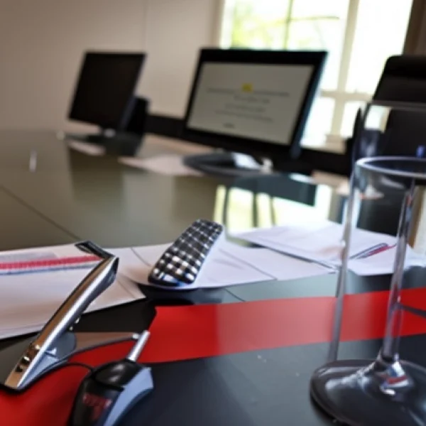 A professional crisis management setting in a communication office. The room is elegantly designed with neutral colors in shades of grey ,white and yellow , creating a serious and somber atmosphere. The crisis management team, dressed in business attire, are crowded around a large table exchanging ideas. 
 Behind them, a large monitor shows live news feeds, while smaller monitors are strategically placed around the room. The room is dimly lit, with strategically placed focused lights on the table and the team. The lighting conveys a sense of urgency without being overwhelming or jarring.